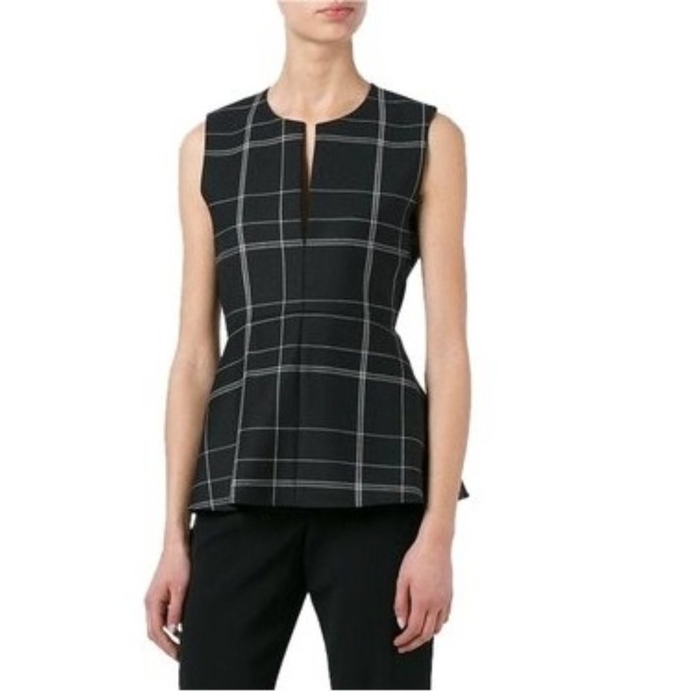 Theory Ralnaka B Split Neck Wool Peplum Top Burren Check Blouse Black White M 8